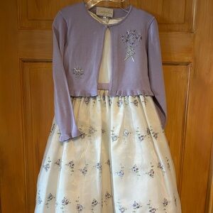 Floral Embroidered Formal Dress with Lavender Knit Cardigan and Matching Shoes